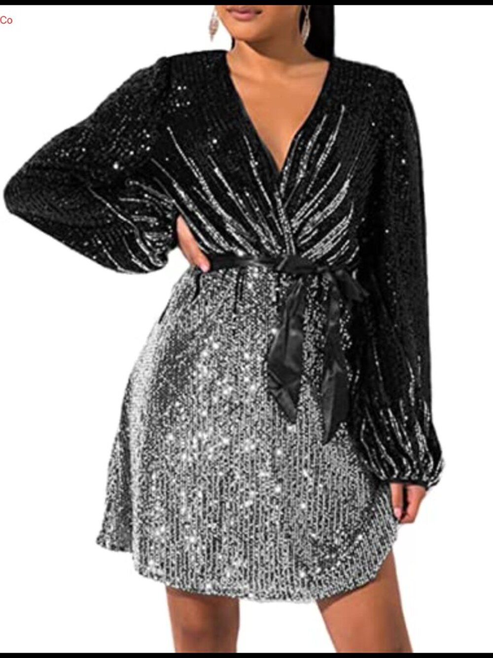 Plus Size Sequin Long Sleeve V Neck Wrap Skater Cocktail Party Dress
